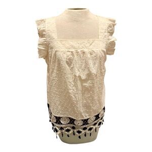 Summer top by Solitaire, gauze and contrasting blue decorative embroidery.